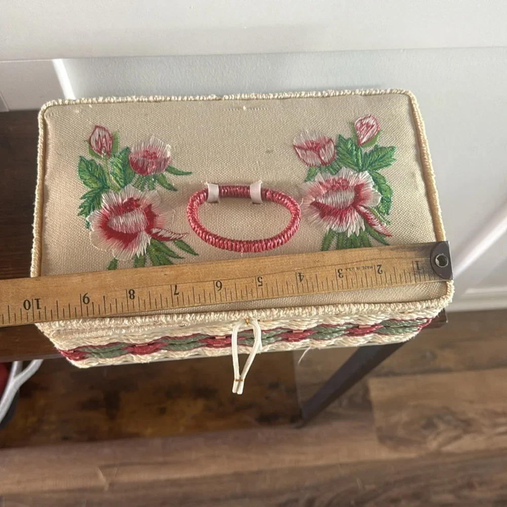 Vintage Wicker Sewing Box pink floral embroidered Lid with Built-in Pin Cushion